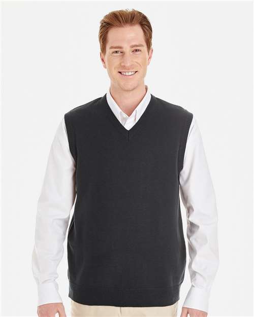 Harriton Men's Pilbloc™ V-Neck Sweater Vest — Black — On model · front