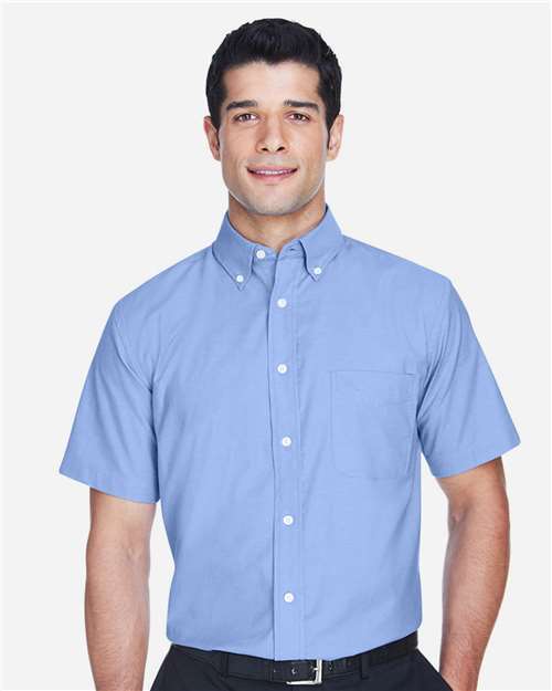 Harriton Men's Oxford Short Sleeve with Stain-Release — Light Blue — On model · front