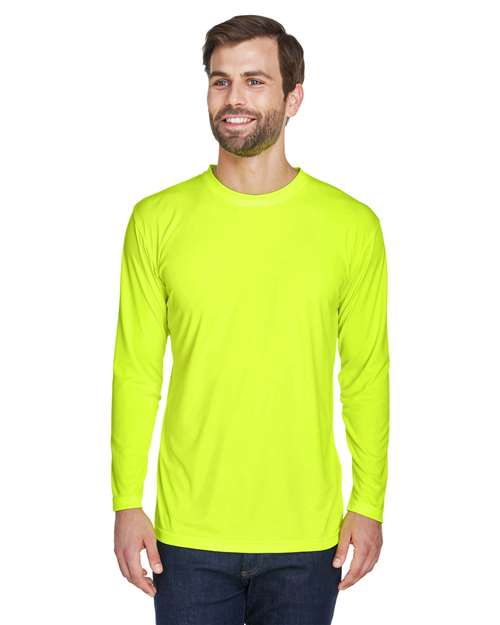 UltraClub Men's Cool & Dry Sport Long Sleeve Performance Interlock T-Shirt — Bright Yellow — On model · front