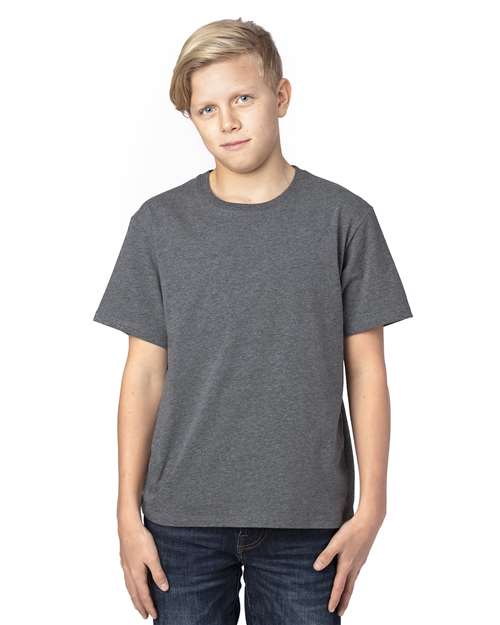 Threadfast Apparel Youth Ultimate CVC T-Shirt — Charcoal Heather — On model · front