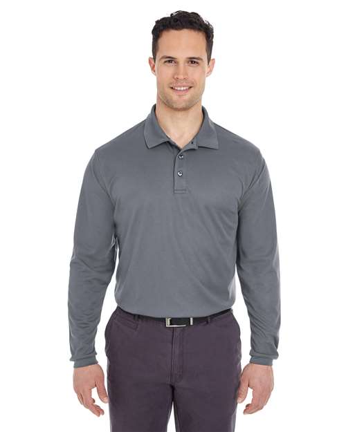 UltraClub Men's Cool & Dry Long Sleeve Mesh Piqué Polo — Charcoal — On model · front
