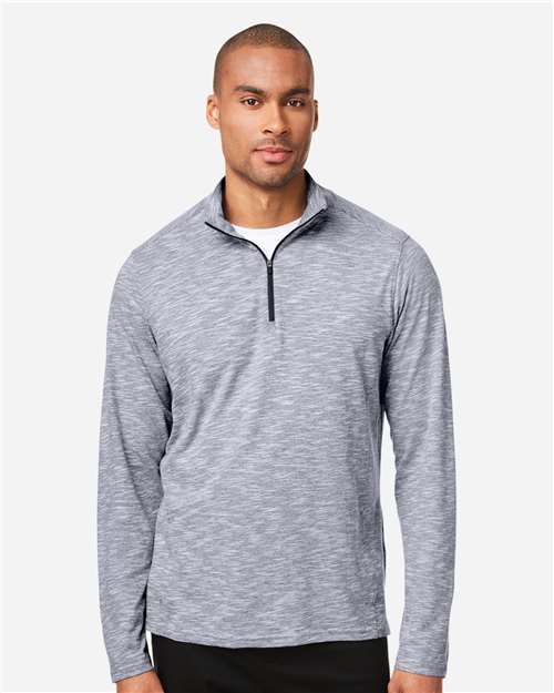 North End Men's Eclipse Jacquard Quarter-Zip Pullover — Classic Navy Heather — On model · front