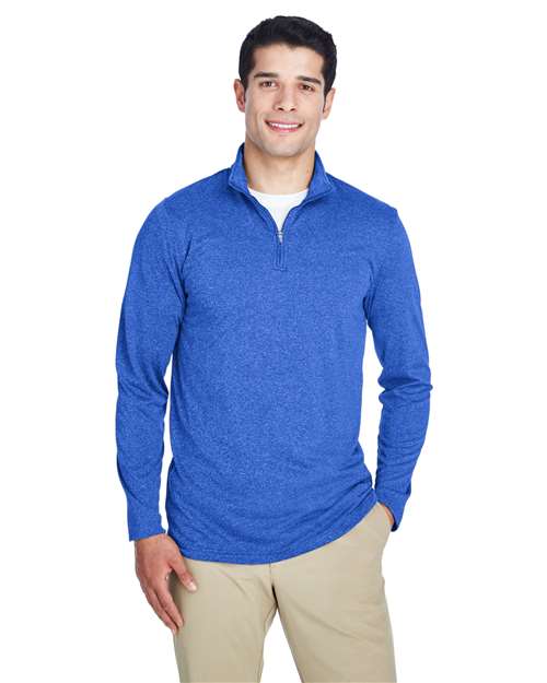 UltraClub Men's Cool & Dry Heathered Performance Quarter-Zip Pullover — Royal Heather — On model · front