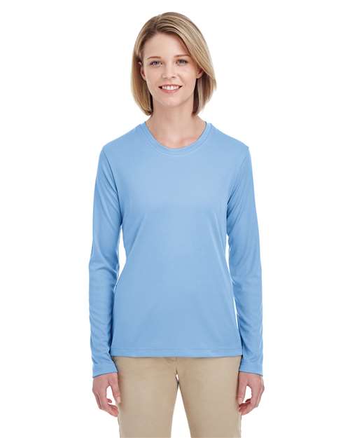 UltraClub Women's Cool & Dry Performance Long Sleeve Top — Columbia Blue — On model · front