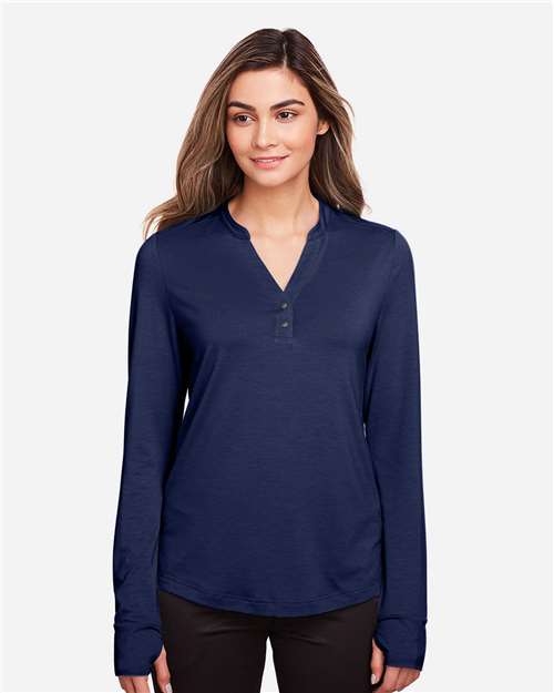 North End Women's JAQ Stretch Performance V-Neck Snap Pullover — Classic Navy — On model · front