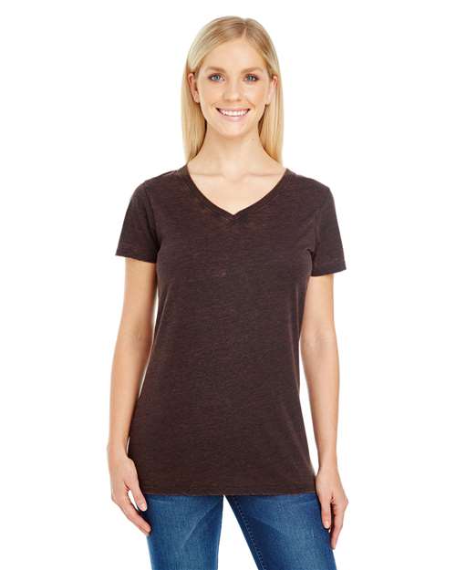 Threadfast Apparel Women's Cross Dye V-Neck T-Shirt — Flame — On model · front