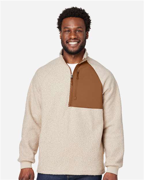 North End Men's Aura Sweater Fleece Quarter-Zip Pullover — Oatmeal Heather/ Teak — On model · front