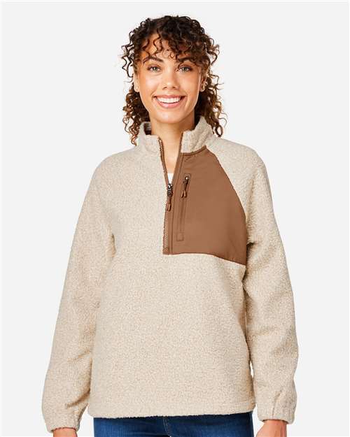 North End Women's Aura Sweater Fleece Quarter-Zip Pullover — Oatmeal Heather/ Teak — On model · front