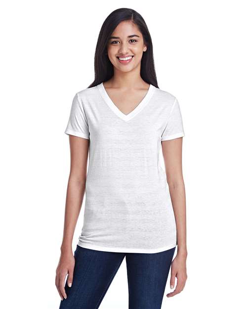 Threadfast Apparel Women's Invisible Stripe V-Neck T-Shirt — White Invisible Stripe — On model · front