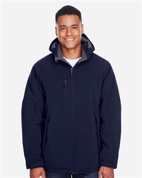 North End Men's Glacier Insulated Three-Layer Fleece Soft Shell Hood Jacket with Detachable Hood — Classic Navy — On model · front