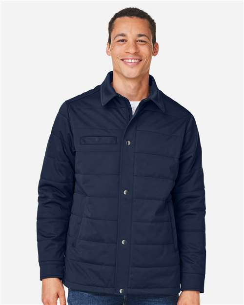 Harriton Unisex Guardian Soft Shell Chore Coat — Dark Navy — On model · front