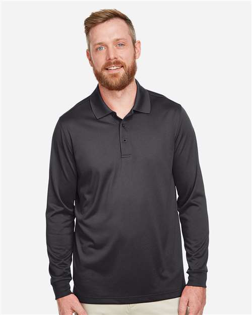 Harriton Men's Tall Advantage Long Sleeve Snag Protection Plus IL Polo — Dark Charcoal — On model · front