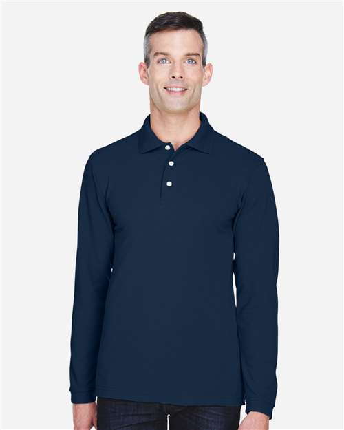 Harriton Men's Easy Blend™ Long Sleeve Polo — Navy — On model · front