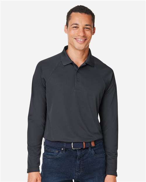Harriton Men's Charge Snag and Soil Protect Long Sleeve Polo — Dark Charcoal — On model · front