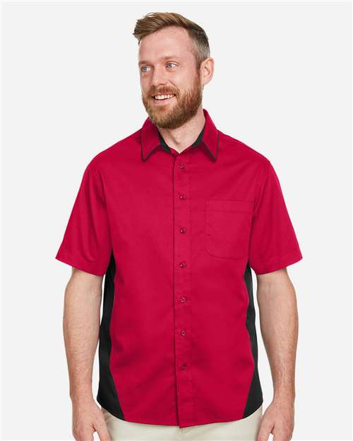 Harriton Men's Tall Flash IL Colorblock Shirt — Red/ Black — On model · front