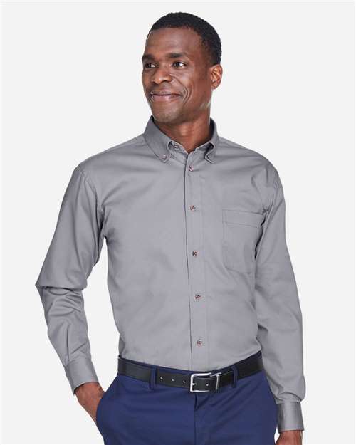 Harriton Men's Tall Easy Blend™ Twill Dress Shirt — Dark Grey — On model · front
