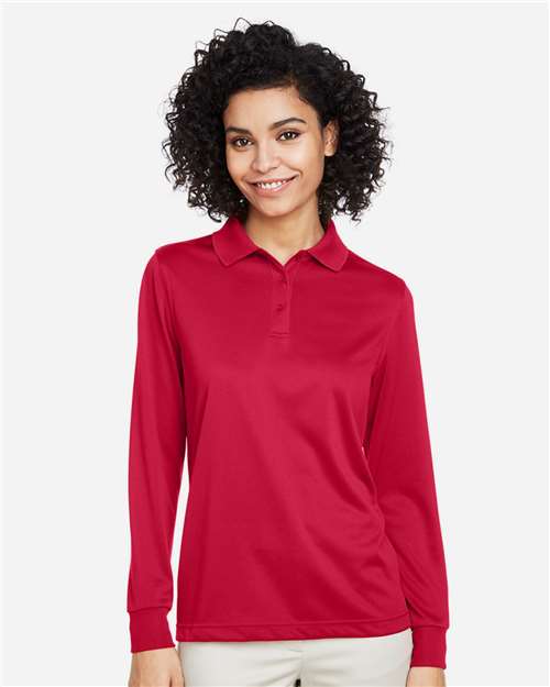 Harriton Women's Advantage Snag Protection Plus IL Long Sleeve Polo — Red — On model · front