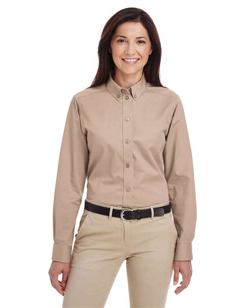 Harriton Women's Foundation Cotton Twill Shirt with Teflon — Khaki — On model · front