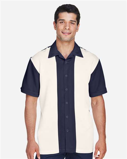 Harriton Men's Two-Tone Camp Shirt — Navy/ Cream — On model · front