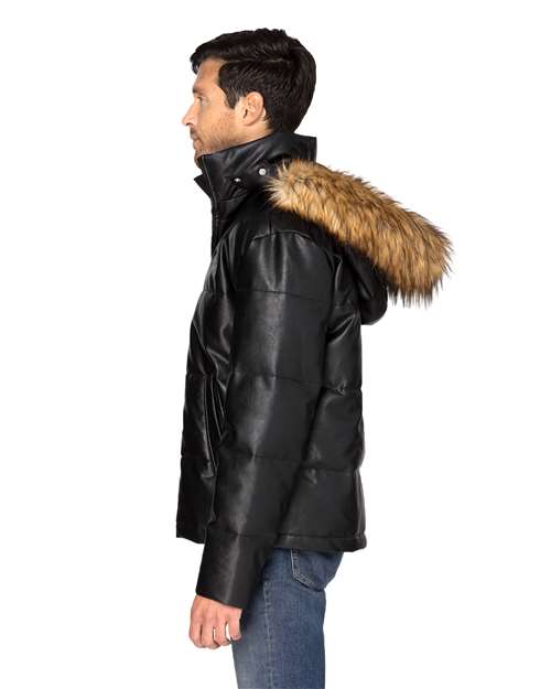 Threadfast Apparel Unisex Vegan Leather Puffer Jacket — Black Vegan Leather — On model · side