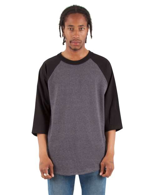 Shaka Wear Unisex Raglan Three-Quarter Sleeve T-Shirt — Charcoal Grey Heather/ Black — On model · front