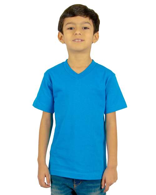 Shaka Wear Youth V-Neck T-Shirt — Turquoise — On model · front