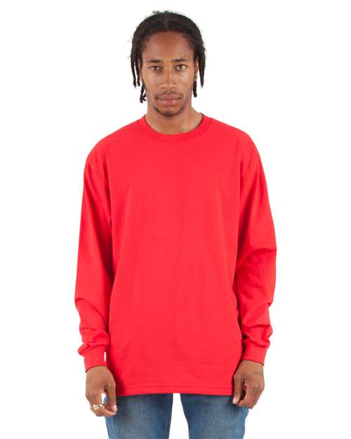Shaka Wear Unisex Tall Max Heavyweight Long Sleeve T-Shirt — Red — On model · front