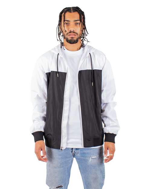 Shaka Wear Unisex Windbreaker Jacket — White/ Black — On model · front