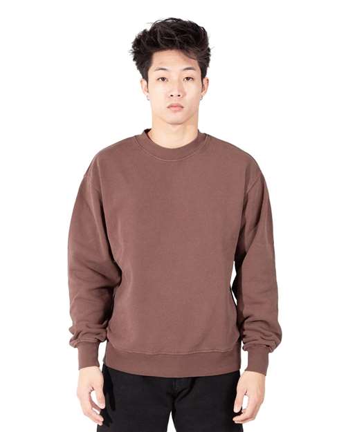 Shaka Wear Unisex Los Angeles Garment-Dyed Crewneck Sweatshirt — Mocha — On model · front