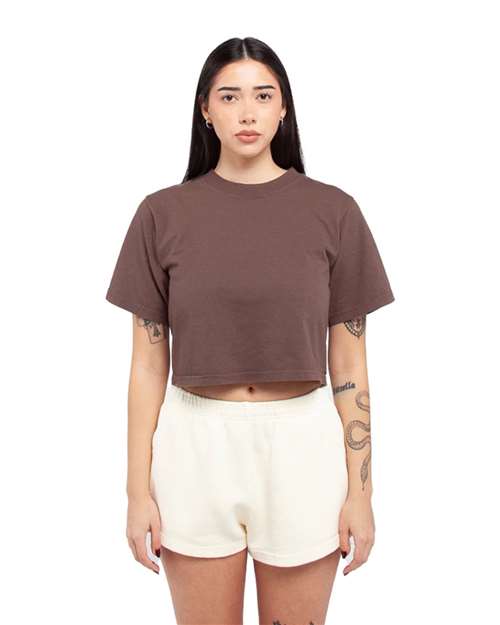 Shaka Wear Women's Garment-Dyed Crop T-Shirt — Mocha — On model · front