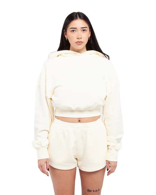 Shaka Wear Women's Garment-Dyed Crop Hooded Sweatshirt — Cream — On model · front
