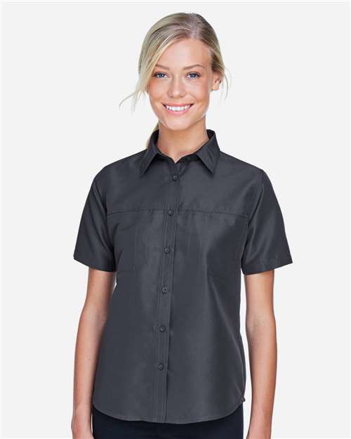 Harriton Women's Key West Short Sleeve Performance Staff Shirt — Dark Charcoal — On model · front