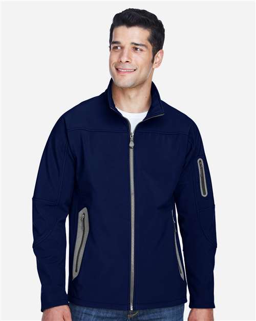 North End Men's Three Layer Fleece Bonded Shell Technical Jacket — Classic Navy — On model · front