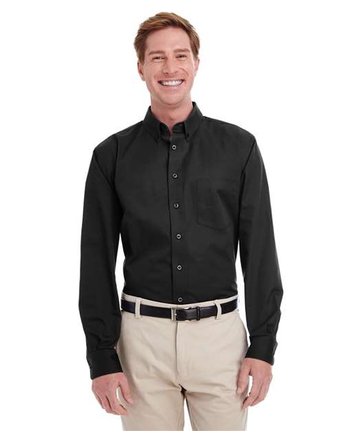 Harriton Men's Foundation Cotton Twill Dress Shirt with Teflon — Black — On model · front