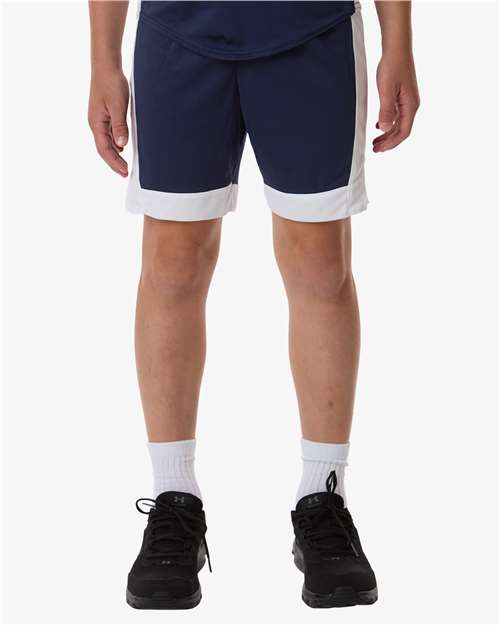 Augusta Sportswear Youth Match-Up Basketball Shorts — Navy/ White — On model · front