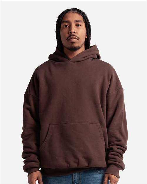Shaka Wear Unisex Garment-Dyed Double Layer Reversible Hooded Sweatshirt — Mocha — On model · front