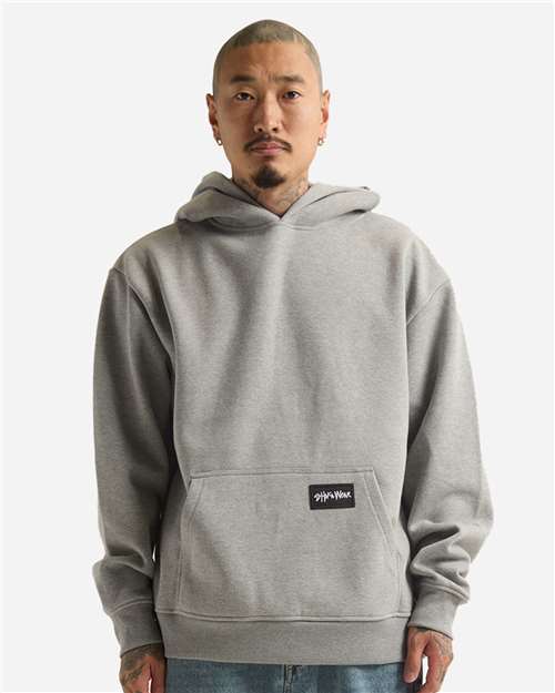 Shaka Wear Unisex Essential Super Heavyweight Hooded Sweatshirt — Heather Grey — On model · front