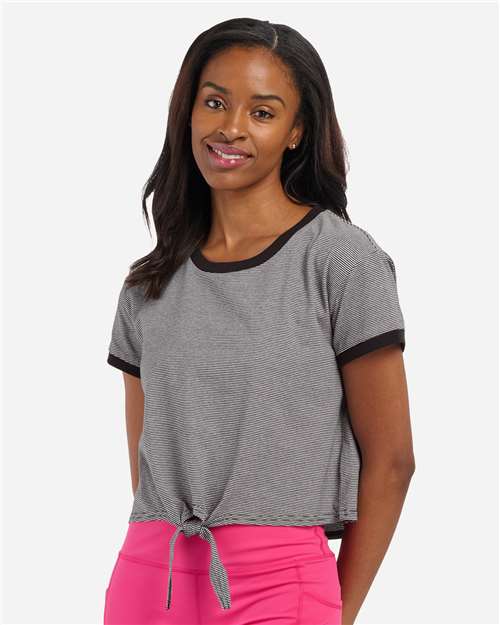 Boxercraft Women's Striped Tie Front T-Shirt — Black/ White — On model · front