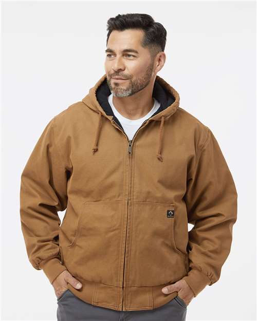 DRI DUCK Men's Tall Cheyenne Boulder Cloth™ Hooded Jacket with Tricot Quilt Lining — Saddle — On model · front