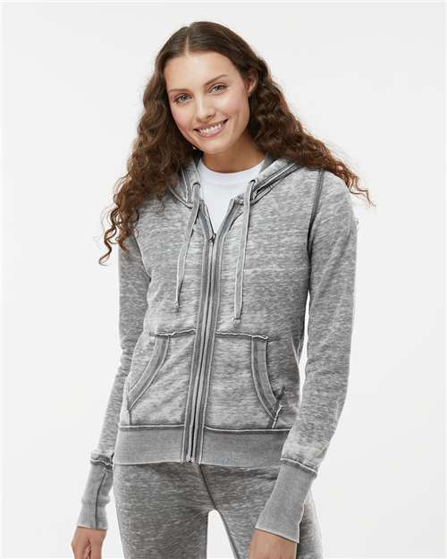 J. America Women's Zen Fleece Full-Zip Hooded Sweatshirt — Cement — On model · front