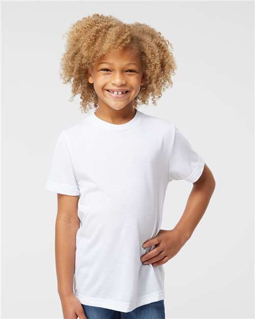 SubliVie Youth Polyester Sublimation Tee — White — On model · front