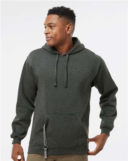 J. America Men's Tailgate Hooded Sweatshirt — Charcoal Heather — On model · front