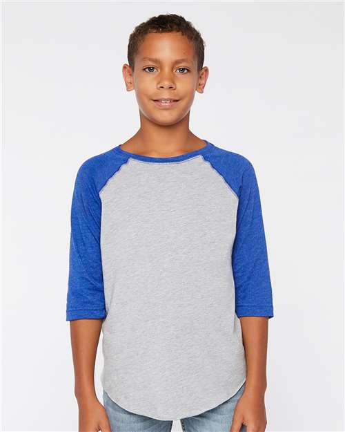 LAT Youth Baseball Fine Jersey Three-Quarter Sleeve Tee — Vintage Heather/ Vintage Royal — On model · front