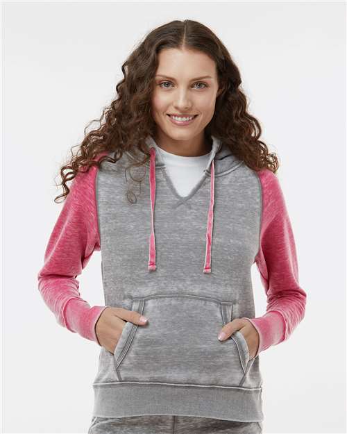 J. America Women's Zen Fleece Raglan Hooded Sweatshirt — Cement/ Wildberry — On model · front