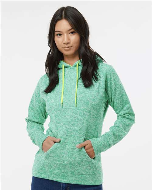 J. America Women’s Cosmic Fleece Hooded Sweatshirt — Emerald/ Neon Yellow — On model · front