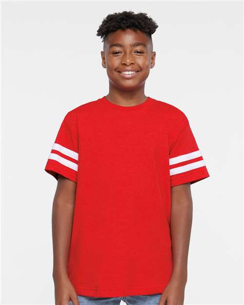 LAT Youth Football Fine Jersey Tee — Vintage Red/ White — On model · front