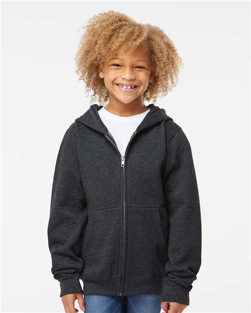 Independent Trading Co. Youth Midweight Full-Zip Hooded Sweatshirt — Charcoal Heather — On model · front