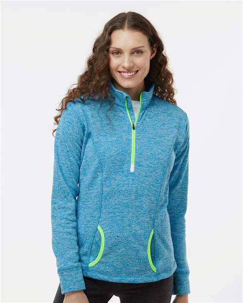 J. America Women's Cosmic Fleece Quarter-Zip Pullover — Electric Blue/ Neon Green — On model · front