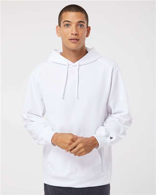 Badger Men's Performance Fleece Hooded Sweatshirt — White — On model · front