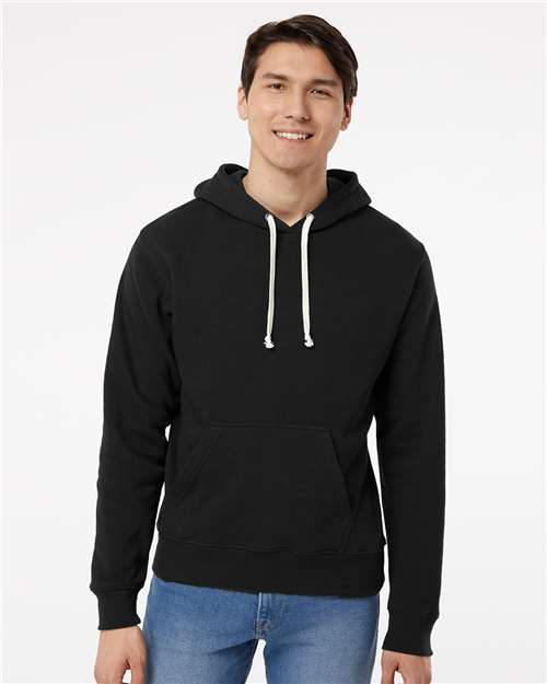 J. America Men's Triblend Fleece Hooded Sweatshirt — Black Solid — On model · front